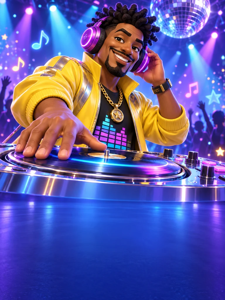 A DJ at a neon turntable