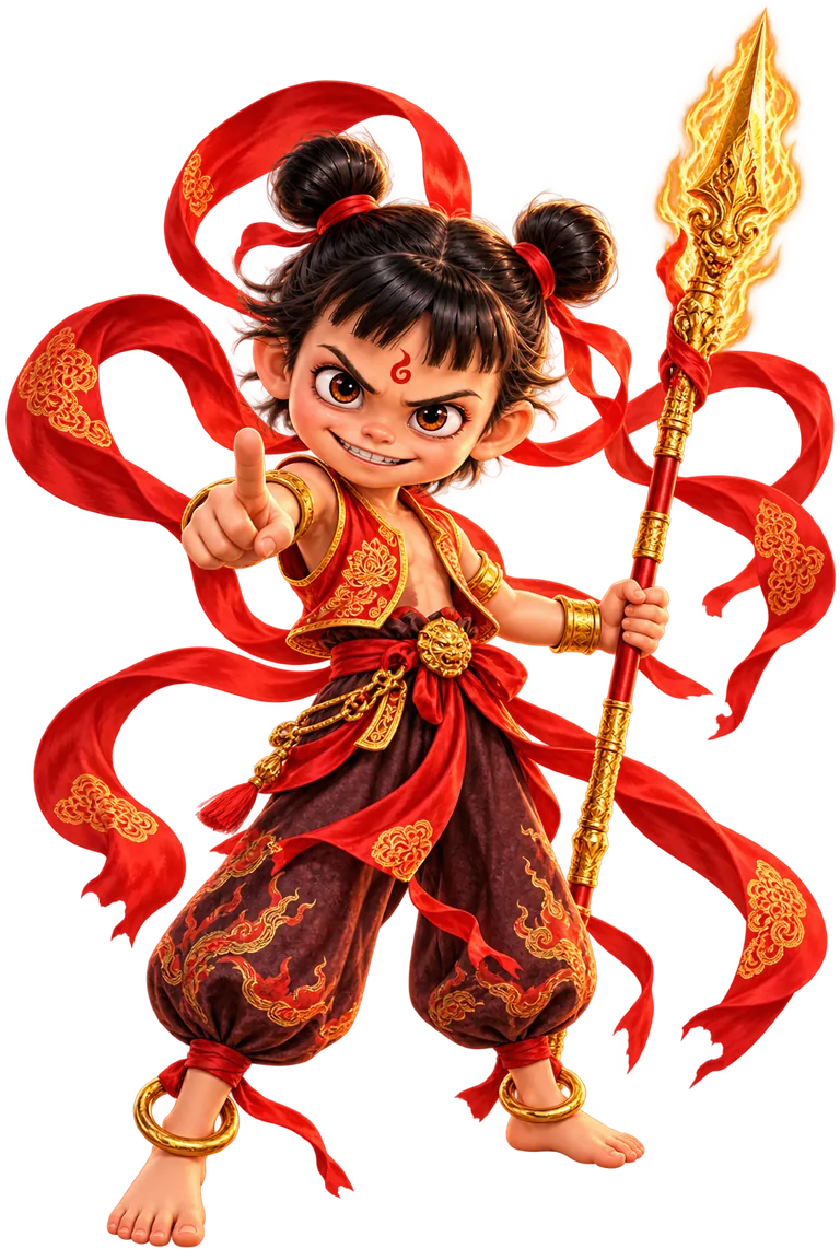 Nezha with a flaming spear and red ribbons above a celestial palace